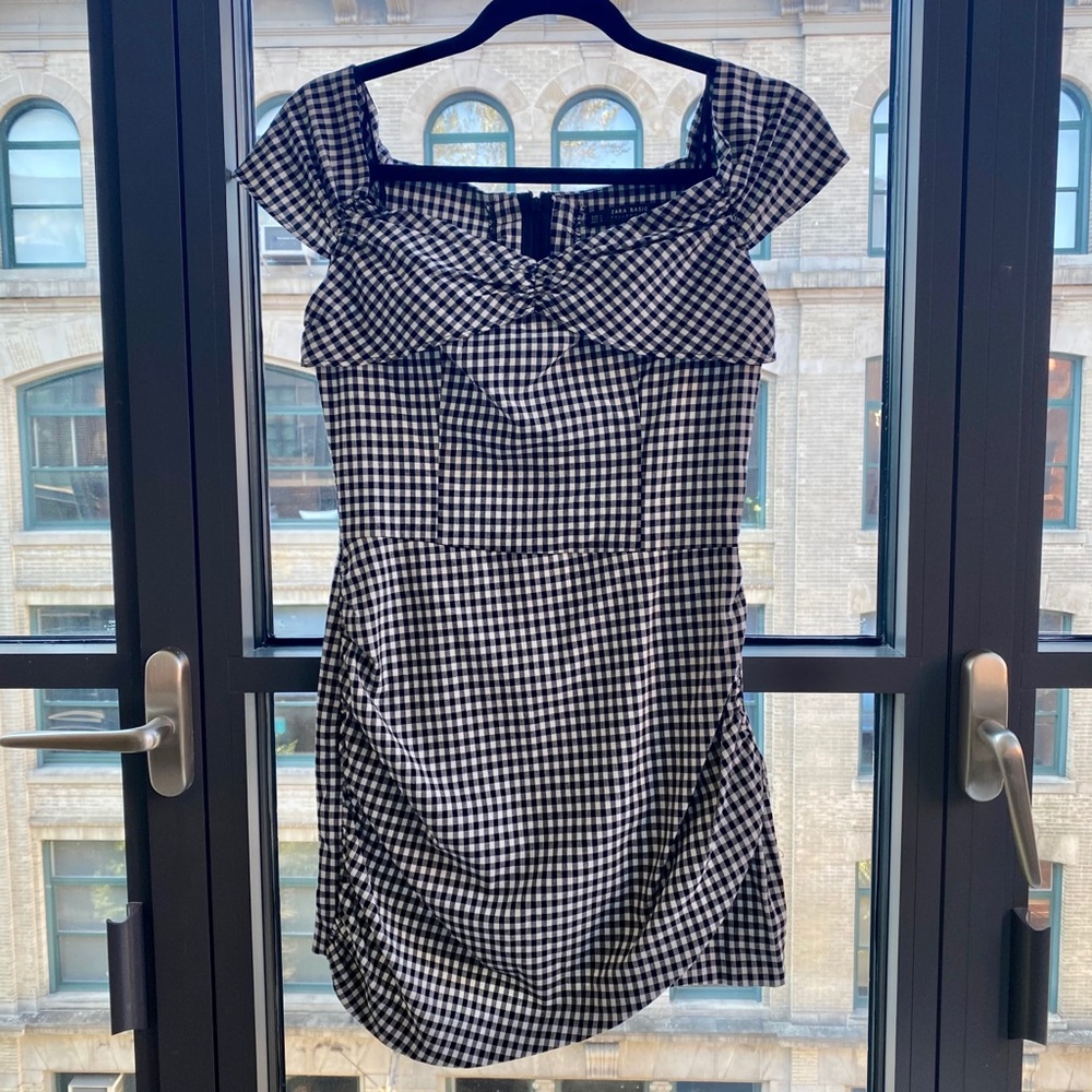 Zara Gingham Mini Dress, Cap Sleeve and Ruched